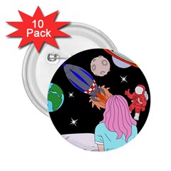 Girl Bed Space Planets Spaceship Rocket Astronaut Galaxy Universe Cosmos Woman Dream Imagination Bed 2 25  Buttons (10 Pack)  by Maspions