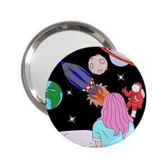 Girl Bed Space Planets Spaceship Rocket Astronaut Galaxy Universe Cosmos Woman Dream Imagination Bed 2 25  Handbag Mirrors by Maspions