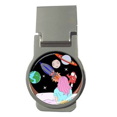 Girl Bed Space Planets Spaceship Rocket Astronaut Galaxy Universe Cosmos Woman Dream Imagination Bed Money Clips (round) 