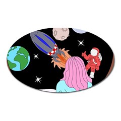 Girl Bed Space Planets Spaceship Rocket Astronaut Galaxy Universe Cosmos Woman Dream Imagination Bed Oval Magnet