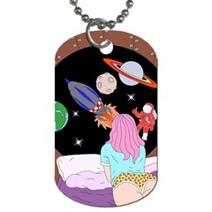 Girl Bed Space Planets Spaceship Rocket Astronaut Galaxy Universe Cosmos Woman Dream Imagination Bed Dog Tag (two Sides)