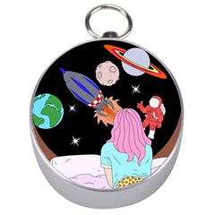 Girl Bed Space Planets Spaceship Rocket Astronaut Galaxy Universe Cosmos Woman Dream Imagination Bed Silver Compasses