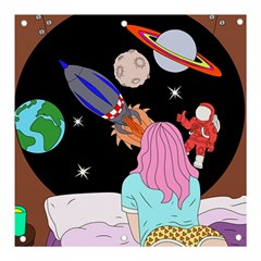 Girl Bed Space Planets Spaceship Rocket Astronaut Galaxy Universe Cosmos Woman Dream Imagination Bed Banner And Sign 3  X 3  by Maspions