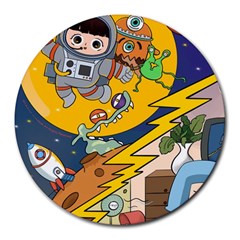 Astronaut Moon Monsters Spaceship Universe Space Cosmos Round Mousepad