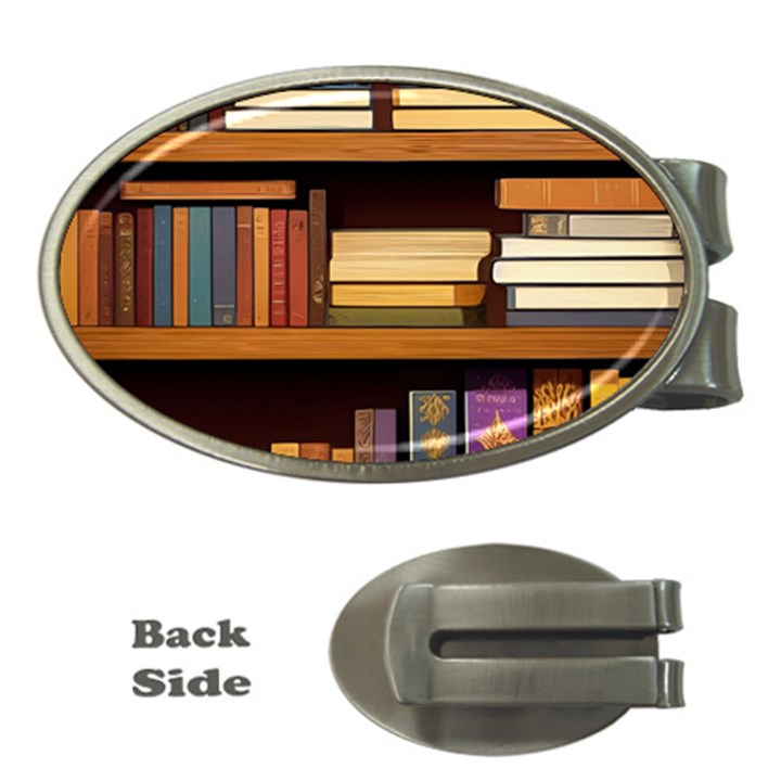 Book Nook Books Bookshelves Comfortable Cozy Literature Library Study Reading Room Fiction Entertain Money Clips (Oval) 