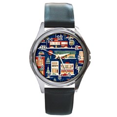 Cars Snow City Landscape Vintage Old Time Retro Pattern Round Metal Watch