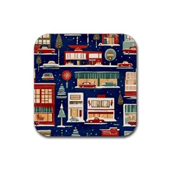 Cars Snow City Landscape Vintage Old Time Retro Pattern Rubber Coaster (square) by Maspions