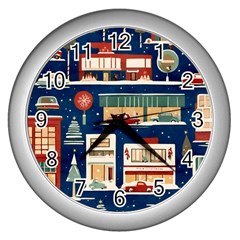 Cars Snow City Landscape Vintage Old Time Retro Pattern Wall Clock (silver)