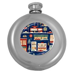 Cars Snow City Landscape Vintage Old Time Retro Pattern Round Hip Flask (5 Oz)