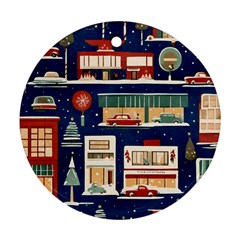 Cars Snow City Landscape Vintage Old Time Retro Pattern Round Ornament (two Sides)