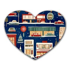 Cars Snow City Landscape Vintage Old Time Retro Pattern Heart Mousepad