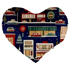 Cars Snow City Landscape Vintage Old Time Retro Pattern Large 19  Premium Flano Heart Shape Cushions by Maspions
