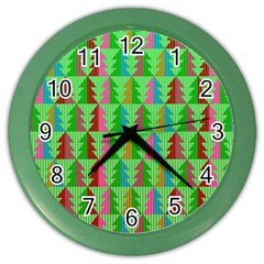 Trees Pattern Retro Pink Red Yellow Holidays Advent Christmas Color Wall Clock by Maspions