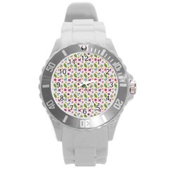 Pattern Flowers Leaves Green Purple Pink Round Plastic Sport Watch (l) by Maspions