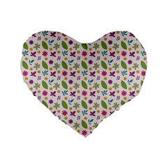 Pattern Flowers Leaves Green Purple Pink Standard 16  Premium Heart Shape Cushions
