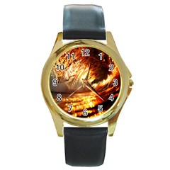 Wave Art Mood Water Sea Beach Round Gold Metal Watch