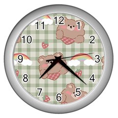 Bear Cartoon Pattern Strawberry Rainbow Nature Animal Cute Design Wall Clock (Silver)