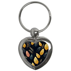 Gold Yellow Leaves Fauna Dark Background Dark Black Background Black Nature Forest Texture Wall Wall Key Chain (heart) by Bedest