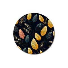 Gold Yellow Leaves Fauna Dark Background Dark Black Background Black Nature Forest Texture Wall Wall Magnet 3  (round) by Bedest