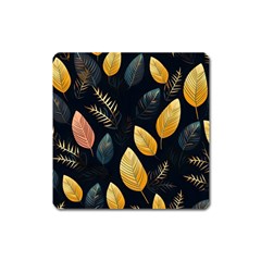 Gold Yellow Leaves Fauna Dark Background Dark Black Background Black Nature Forest Texture Wall Wall Square Magnet by Bedest
