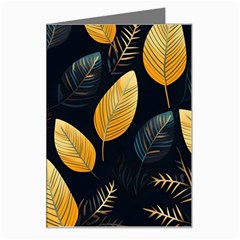 Gold Yellow Leaves Fauna Dark Background Dark Black Background Black Nature Forest Texture Wall Wall Greeting Card by Bedest