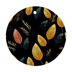 Gold Yellow Leaves Fauna Dark Background Dark Black Background Black Nature Forest Texture Wall Wall Round Ornament (two Sides) by Bedest