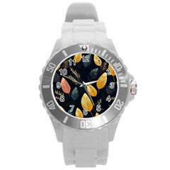 Gold Yellow Leaves Fauna Dark Background Dark Black Background Black Nature Forest Texture Wall Wall Round Plastic Sport Watch (l) by Bedest