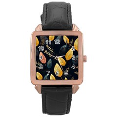 Gold Yellow Leaves Fauna Dark Background Dark Black Background Black Nature Forest Texture Wall Wall Rose Gold Leather Watch  by Bedest