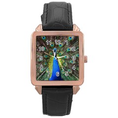 Peacock Bird Feathers Pheasant Nature Animal Texture Pattern Rose Gold Leather Watch 