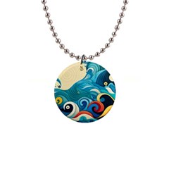 Waves Ocean Sea Abstract Whimsical Abstract Art Pattern Abstract Pattern Water Nature Moon Full Moon 1  Button Necklace