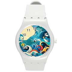 Waves Ocean Sea Abstract Whimsical Abstract Art Pattern Abstract Pattern Water Nature Moon Full Moon Round Plastic Sport Watch (m) by Bedest