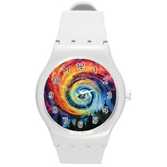 Cosmic Rainbow Quilt Artistic Swirl Spiral Forest Silhouette Fantasy Round Plastic Sport Watch (m)