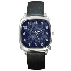 Blue Paisley Texture, Blue Paisley Ornament Square Metal Watch by nateshop