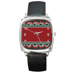 Christmas Pattern, Fabric Texture, Knitted Red Background Square Metal Watch by nateshop