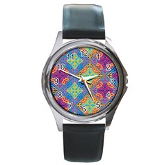 Colorful Floral Ornament, Floral Patterns Round Metal Watch by nateshop
