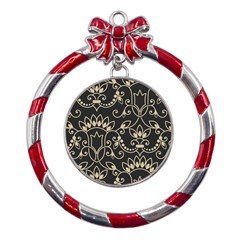 Decorative Ornament Texture, Retro Floral Texture, Vintage Texture, Gray Metal Red Ribbon Round Ornament by nateshop