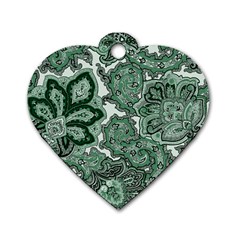 Green Ornament Texture, Green Flowers Retro Background Dog Tag Heart (two Sides)