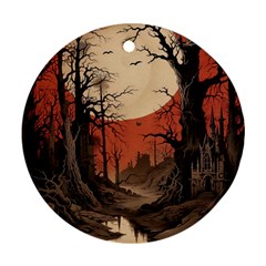 Comic Gothic Macabre Vampire Haunted Red Sky Round Ornament (two Sides)