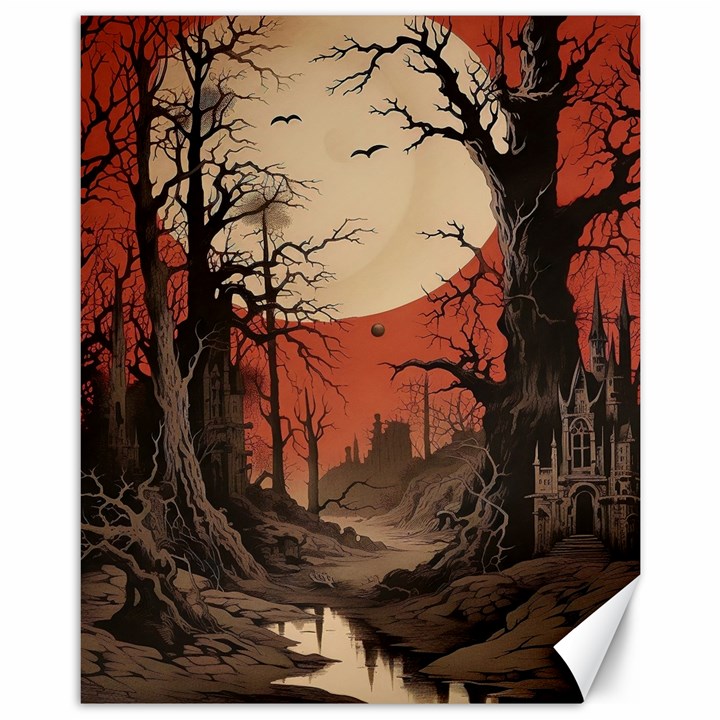 Comic Gothic Macabre Vampire Haunted Red Sky Canvas 11  x 14 