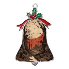 Comic Gothic Macabre Vampire Haunted Red Sky Metal Holly Leaf Bell Ornament by Maspions