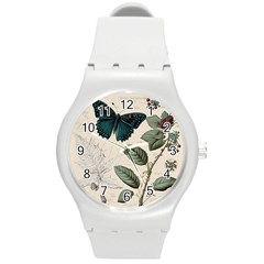 Butterflies Butterfly Botanical Nature Sketch Junk Journal Field Notes Paper Vintage Ephemera Round Plastic Sport Watch (m)