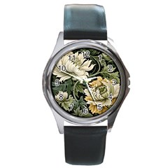 Flower Blossom Bloom Botanical Spring Nature Floral Pattern Leaves Round Metal Watch