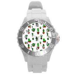 Cactus Plants Background Pattern Seamless Round Plastic Sport Watch (l) by Maspions