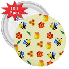 Seamless Honey Bee Texture Flowers Nature Leaves Honeycomb Hive Beekeeping Watercolor Pattern 3  Buttons (100 Pack) 