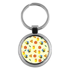 Seamless Honey Bee Texture Flowers Nature Leaves Honeycomb Hive Beekeeping Watercolor Pattern Key Chain (round)