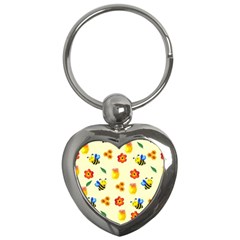 Seamless Honey Bee Texture Flowers Nature Leaves Honeycomb Hive Beekeeping Watercolor Pattern Key Chain (heart)