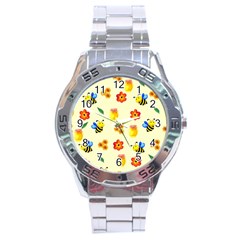 Seamless Honey Bee Texture Flowers Nature Leaves Honeycomb Hive Beekeeping Watercolor Pattern Stainless Steel Analogue Watch