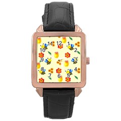 Seamless Honey Bee Texture Flowers Nature Leaves Honeycomb Hive Beekeeping Watercolor Pattern Rose Gold Leather Watch  by Maspions