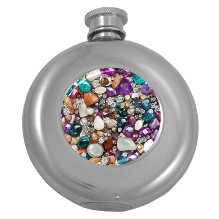 Seamless Texture Gems Diamonds Rubies Decorations Crystals Seamless Beautiful Shiny Sparkle Repetiti Round Hip Flask (5 oz)