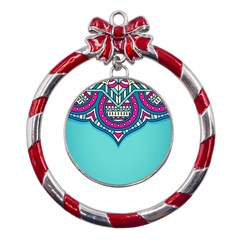 Mandala Blue Metal Red Ribbon Round Ornament